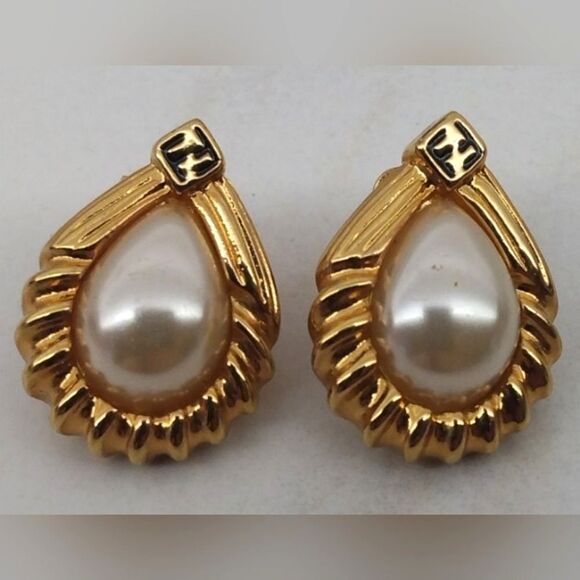 Fendi Pearl Gold Tone Vintage Pierced Earrings - Picture 1 of 13